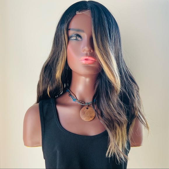 Shoulder Length Black/Auburn/Blonde Body Wave Lace Part Synthetic Wig - Unisex - Picture 4 of 7